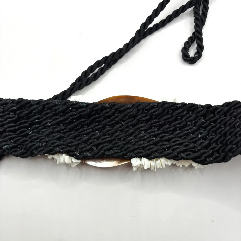 Vintage 80s Mussel Sea Shell Satin Twist Macrame Belt Pooka Pebbles Boho Hippie